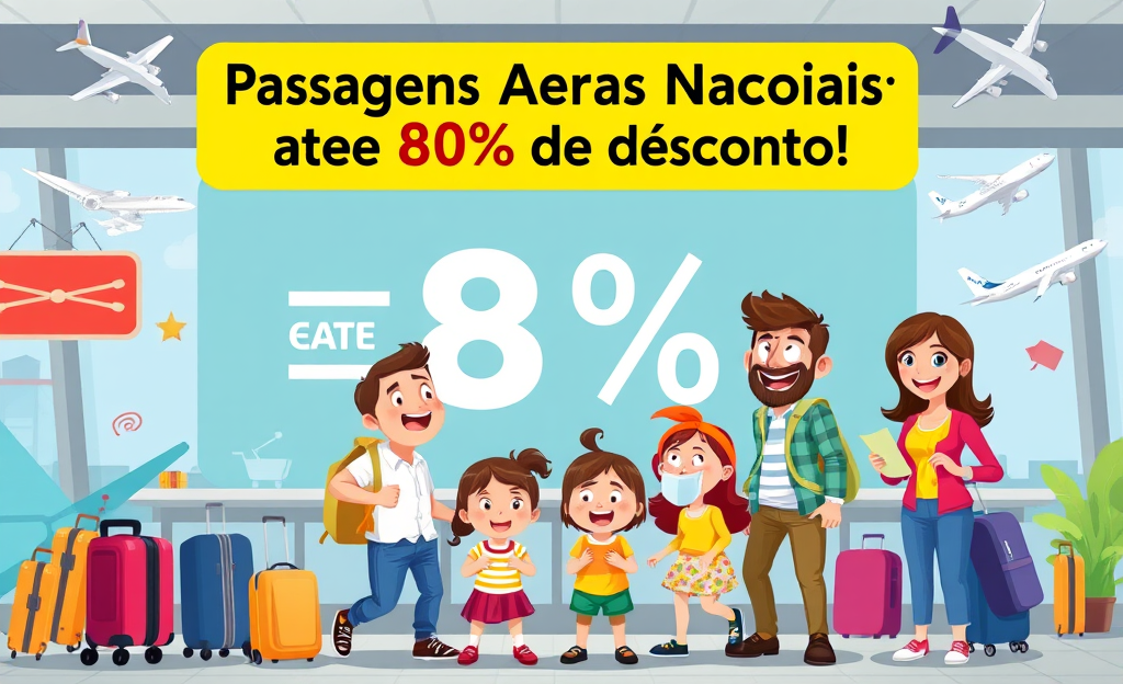 Imagem destacando as ofertas de passagens aéreas com até 80% de desconto.